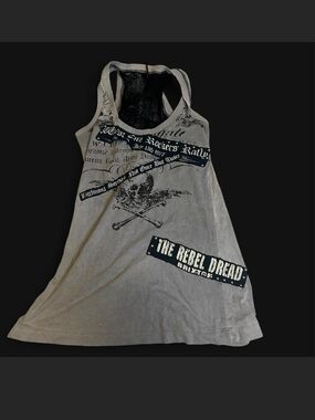 SALVAGE Studded Graphic Tank Top With Lace Back. M